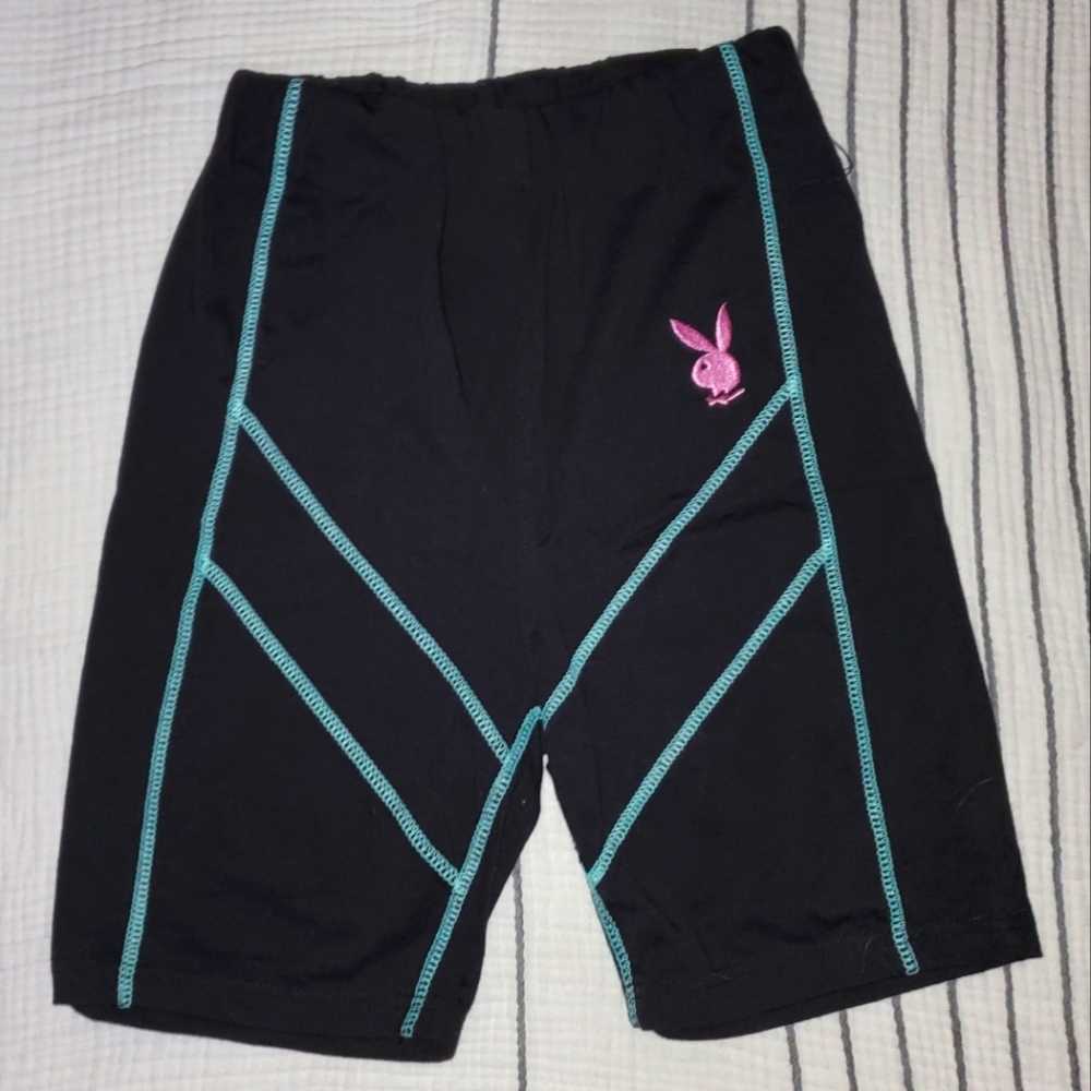 S, Missguided  Playboy Collaboration Biker Shorts, Black with Teal Seam